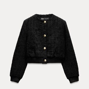 Zara Black Textured Weave Bomber Jacket with Gold Buttons. S